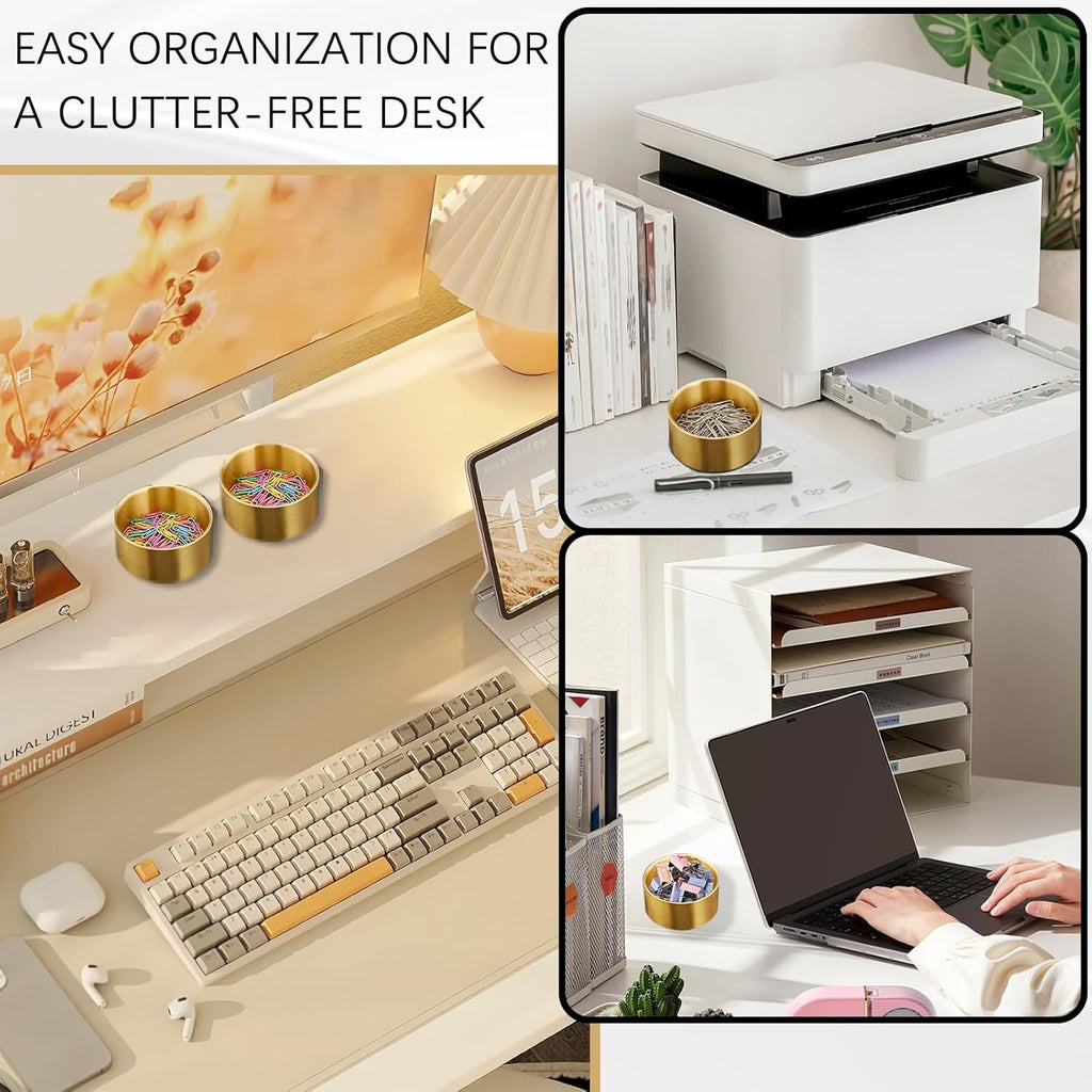Stainless Steel Paper Clip Holder Organizer for Desk - Gold Round Office Supplies Accessories with Non-Slip Base, Deep Capacity for Binder Clips & Bobby Pins ﻿
