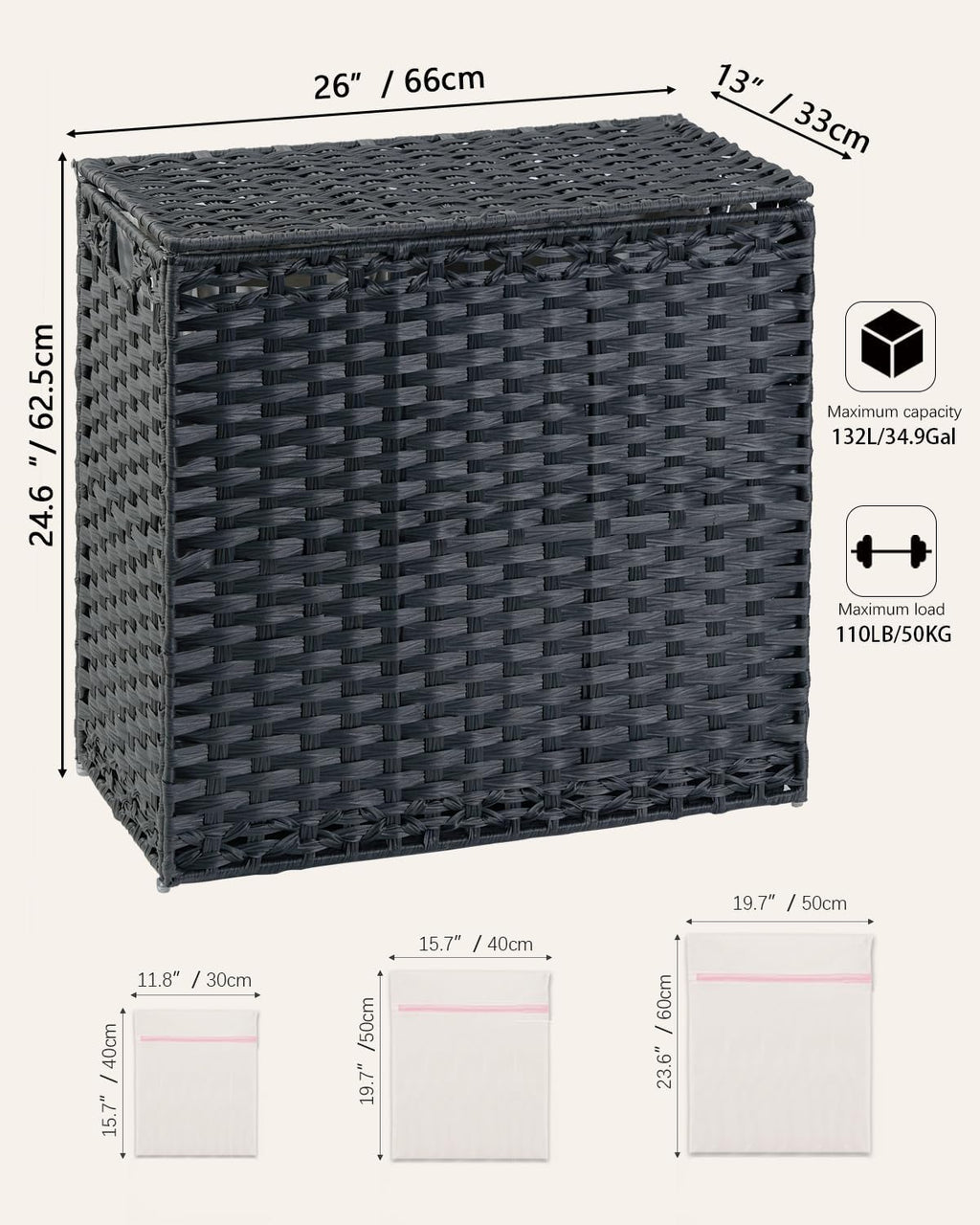 Laundry Hamper with Lid Laundry Basket 132 L (35 Gal) Wicker Clothes Hamper, Handwoven Rattan Hamper with Handles and 4 Removable Liner Bags, 6 Mesh Bags for Laundry Bedroom Black