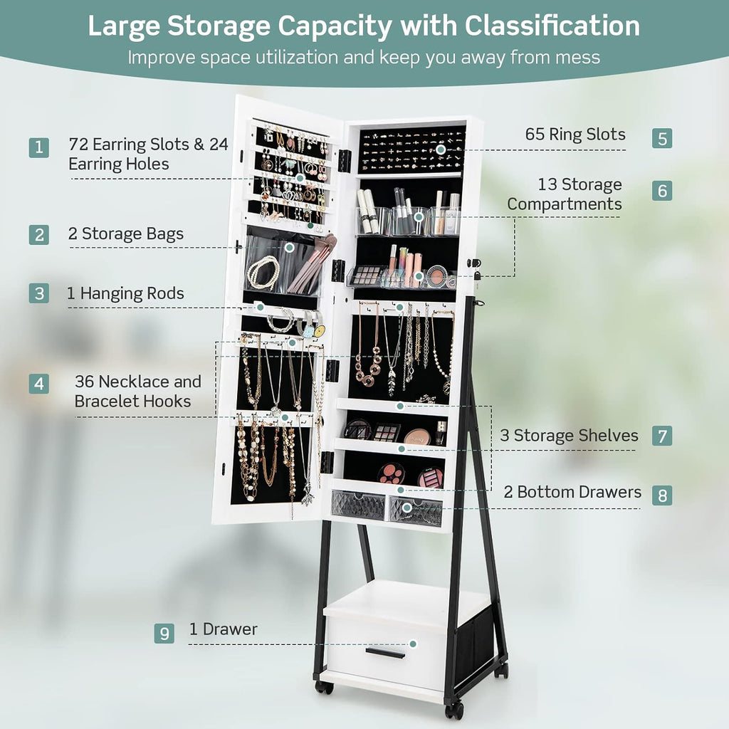 COSTWAY Mirror Jewelry Cabinet with Wheels, Standing Full-length Mirror with Jewelry Storage, Lockable Jewelry Organizer Box with Drawers, Rolling Jewelry Armoire for Women Girls Bedroom (White)