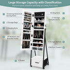 COSTWAY Mirror Jewelry Cabinet with Wheels, Standing Full-length Mirror with Jewelry Storage, Lockable Jewelry Organizer Box with Drawers, Rolling Jewelry Armoire for Women Girls Bedroom (White)