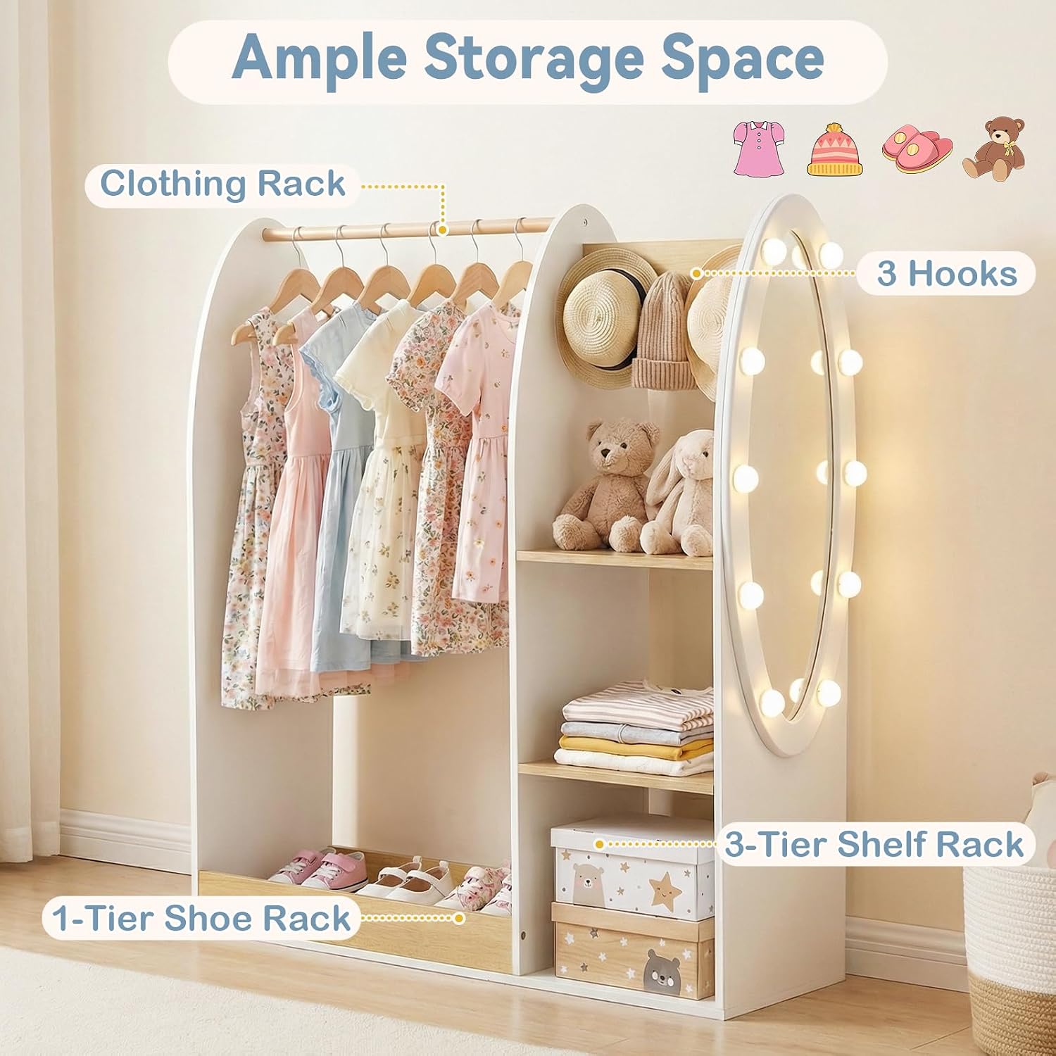 Olakids Kids Dress Up Storage with Mirror, Wooden Costume Wardrobe Closet with LED Lights Rack Storage Shelves 3 Hooks for Bedroom (Natural)