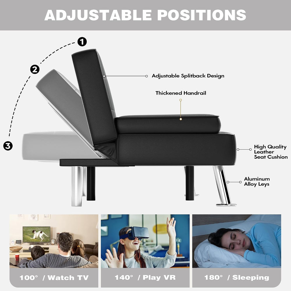 JUMMICO Faux Leather Futon Sofa Bed Futon Couch with Removable Armrests Adjus...