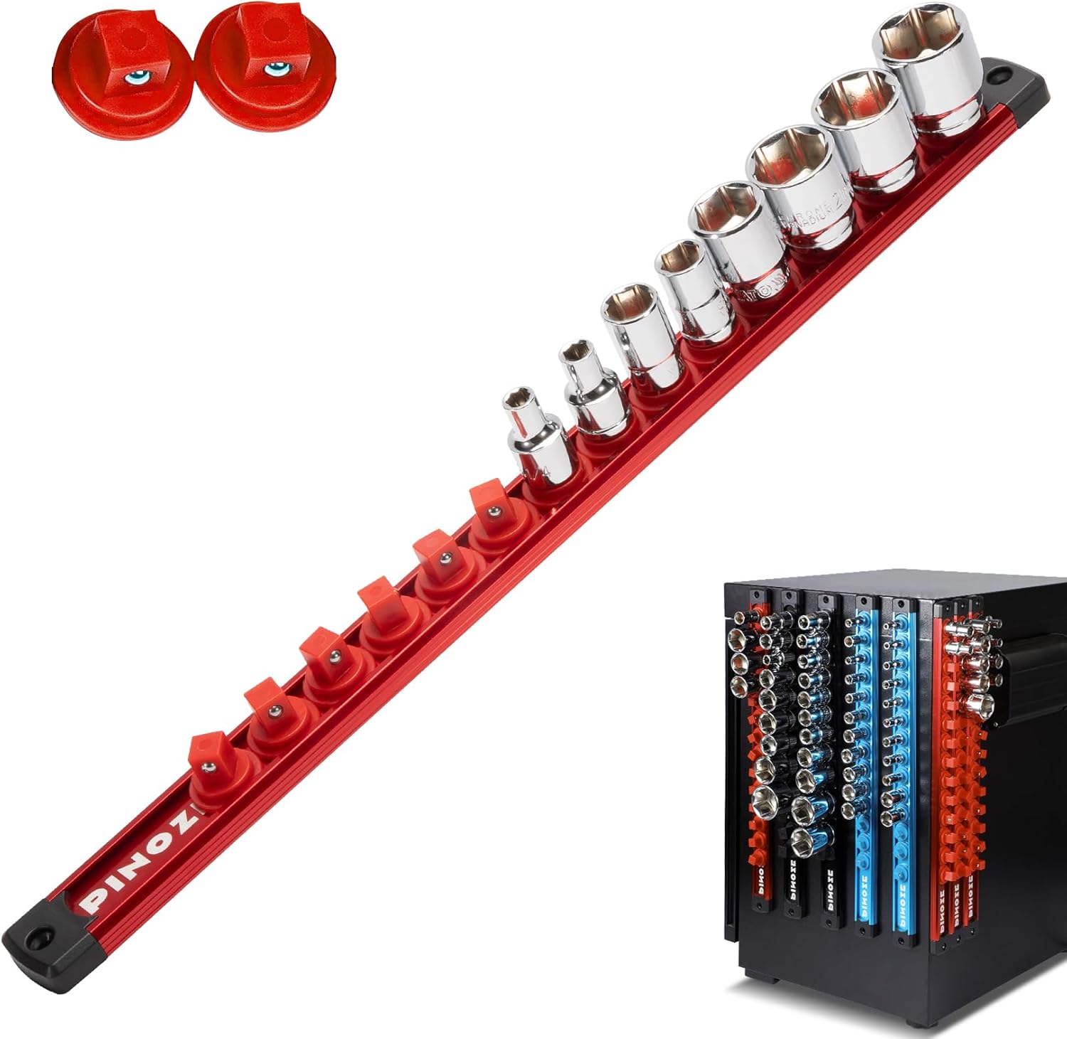 3/8" Magnetic Socket Holder Organizer - Aluminum Alloy Socket Rail Tray for Tool Box Drawer, Socket Rack with Extra 2Pcs Replacement Clips for Automotive Garage(Red)