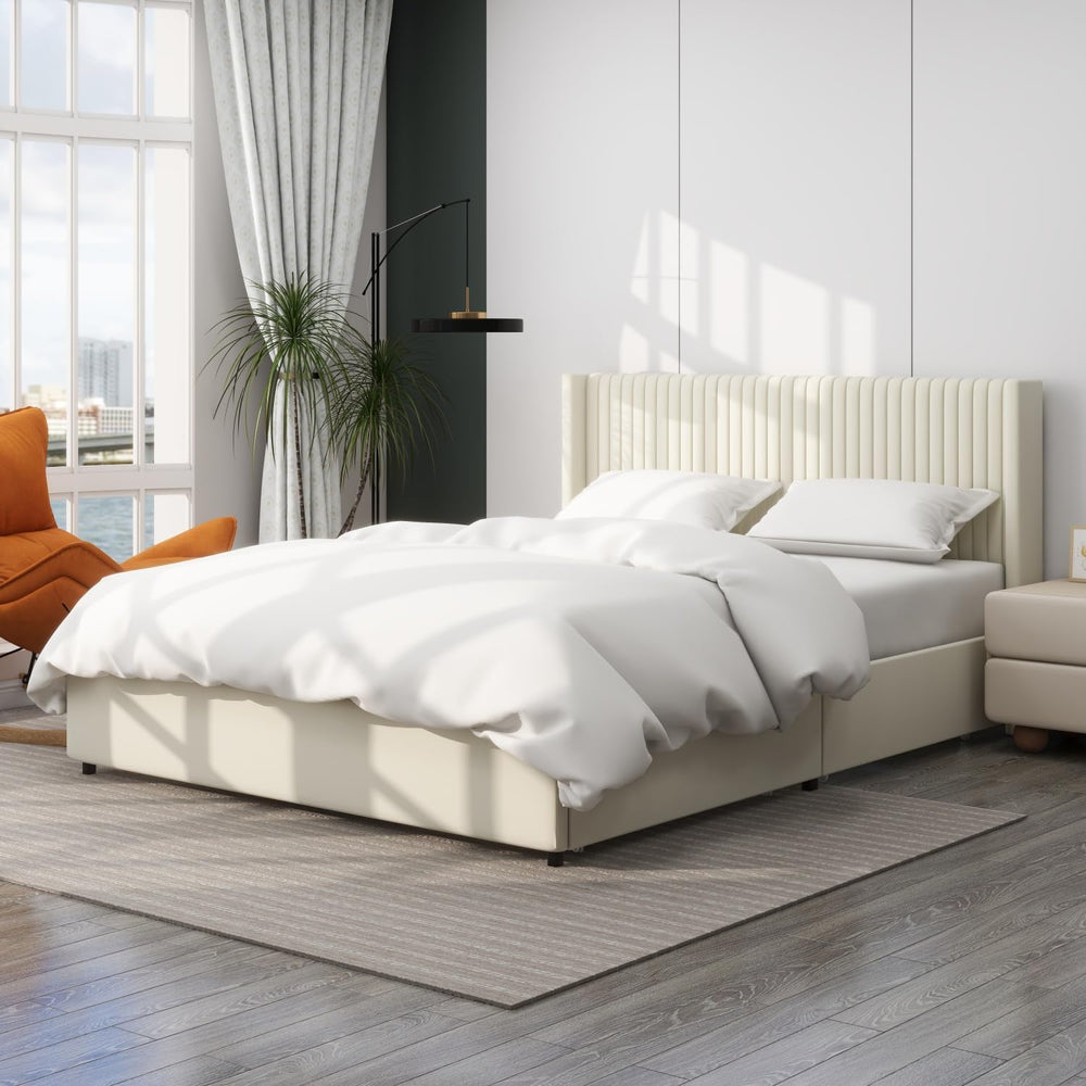 Ivory Velvet Upholstered Wingback Platform Bed with 2 Drawers, Queen Size Sto...