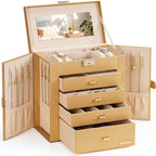 Homde Synthetic Leather Huge Jewelry Box Mirrored Watch Organizer Necklace Ring Earring Storage Lockable Gift Case (Gold)