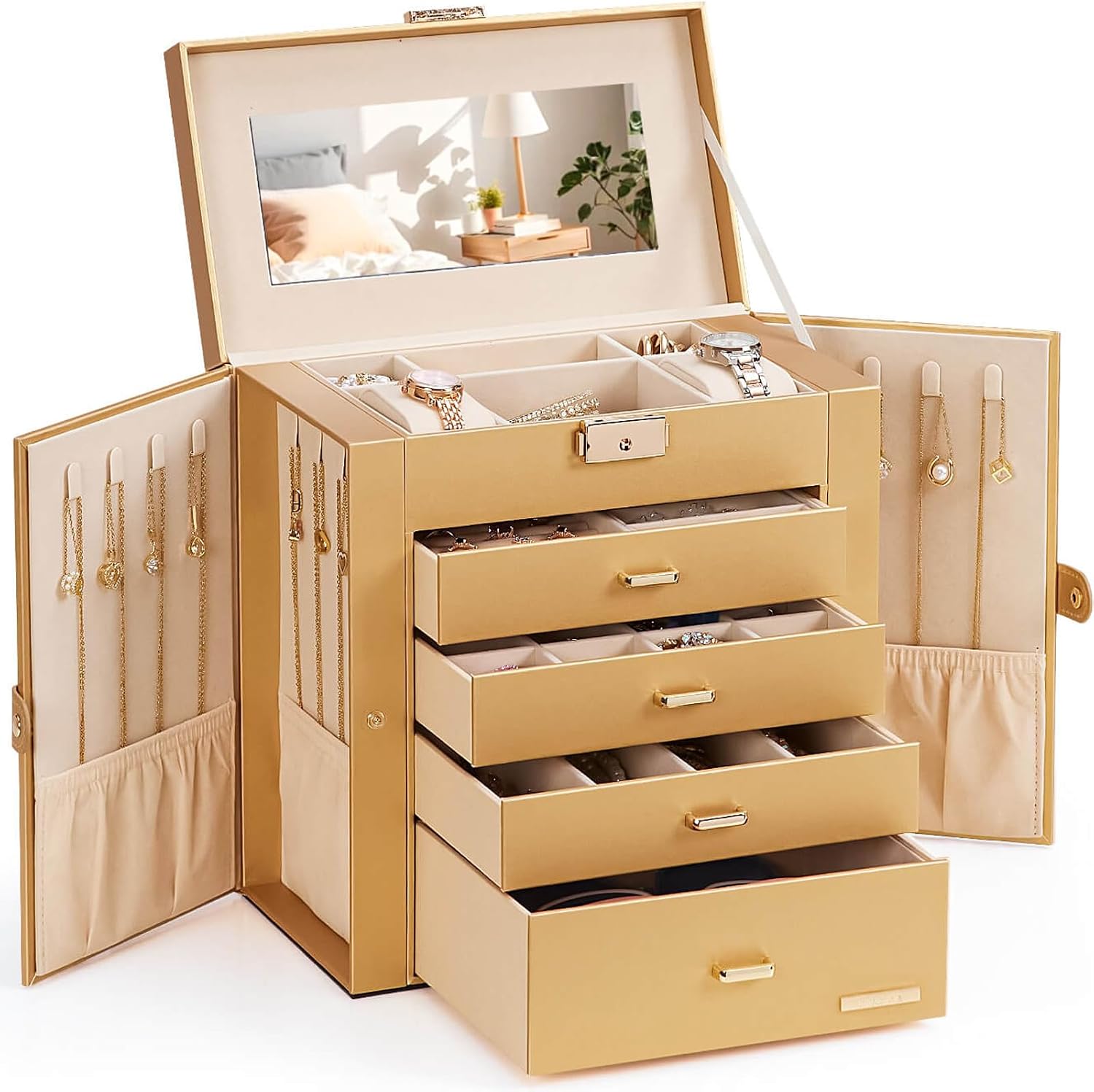 Homde Synthetic Leather Huge Jewelry Box Mirrored Watch Organizer Necklace Ring Earring Storage Lockable Gift Case (Gold)