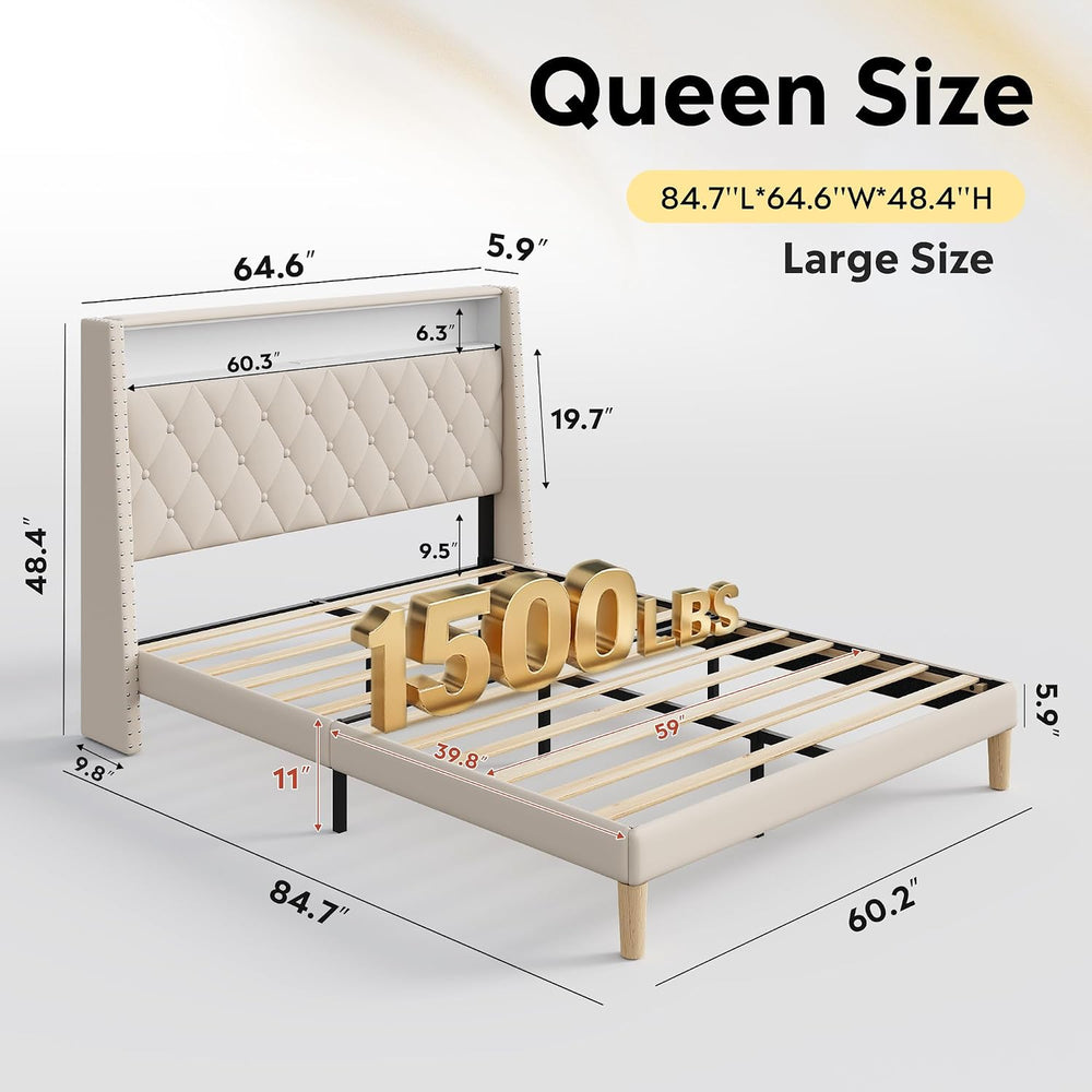 WLIVE Queen Size Upholstered Bed Frame with 48'' Tall Wingback Headbo...