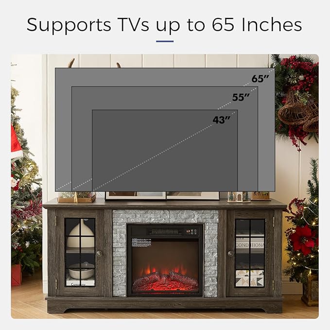 TV Stand with Electric Fireplace & Storage Cabinet, Entertainment Center with 2 Glass Door, Faux Stone Media Console Table for Living Room (Grey,58" with Fireplace)