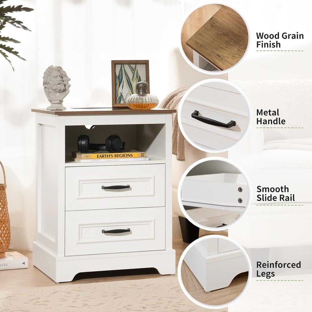Farmhouse Nightstand with Charging Station, Wood Night Stand with Drawers, Be...