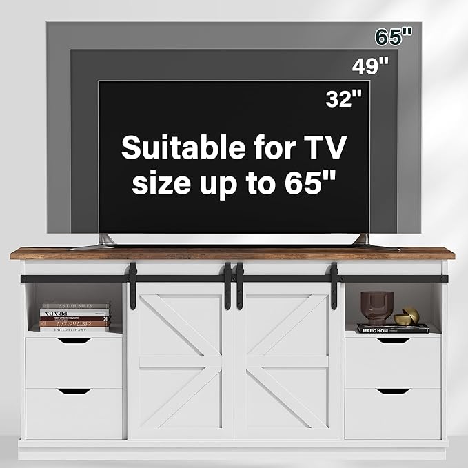 JUMMICO TV Stand with 4 Drawers for 65 Inch TV, Farmhouse Entertainment Center with Storage and Sliding Barn Doors, Rustic Media TV Console Cabinet with Shelves for Living Room Bedroom (Bright White)