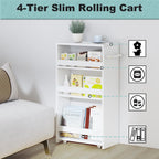 MARTY Rolling Storage Cart 7.9" W, 4-Tier Kitchen Cart with Wheels Handle, Slim Storage Cart Mobile Shelving Utility Carts for Bathroom Laundry Room Organization Narrow Places (All White)