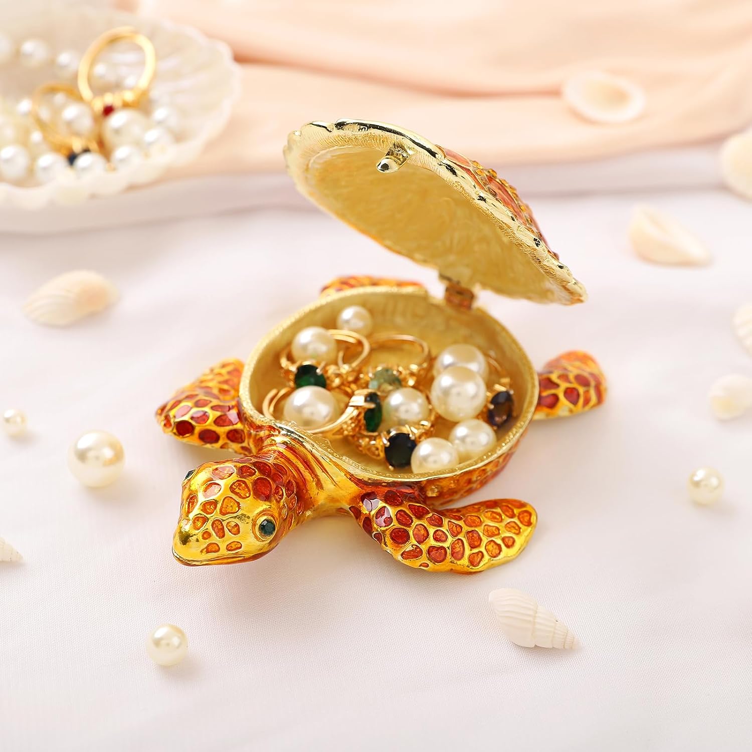 QIFU Hand Painted Orange Turtle Style Enamel Trinket Box Hinged, Elegant Jewelry Box to Store Your Ring or Earring in Style