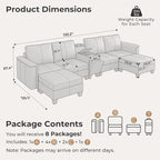 SITJOY 132" Faux Leather Modular Sectional Sofa with Storage, Mid Century Modern Sectional Couches for Living Room, 6 Seat U Shaped Couch with Ottoman and Console Table, Hidden Cupholders, Gray