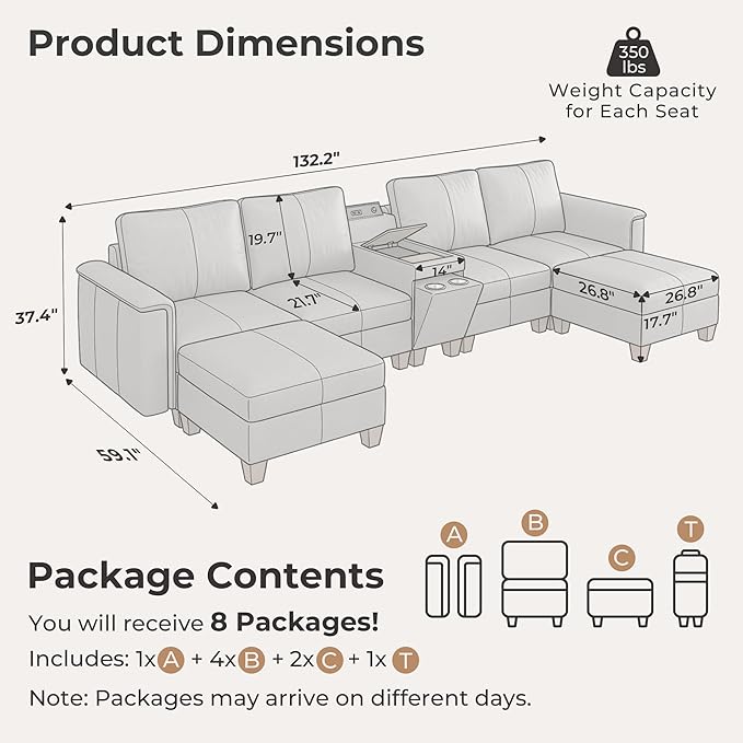 SITJOY 132" Faux Leather Modular Sectional Sofa with Storage, Mid Century Modern Sectional Couches for Living Room, 6 Seat U Shaped Couch with Ottoman and Console Table, Hidden Cupholders, Gray