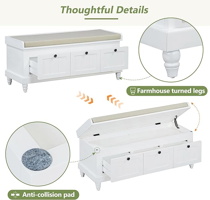 Merax Classic Storage Bench with Cushioned Seat and Three Drawers for Entryway & Living Room & Bedroom, White