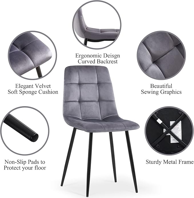NORDICANA Grey Velvet Dining Chairs Set of 4, Upholstered Tufted Kitchen Chai...