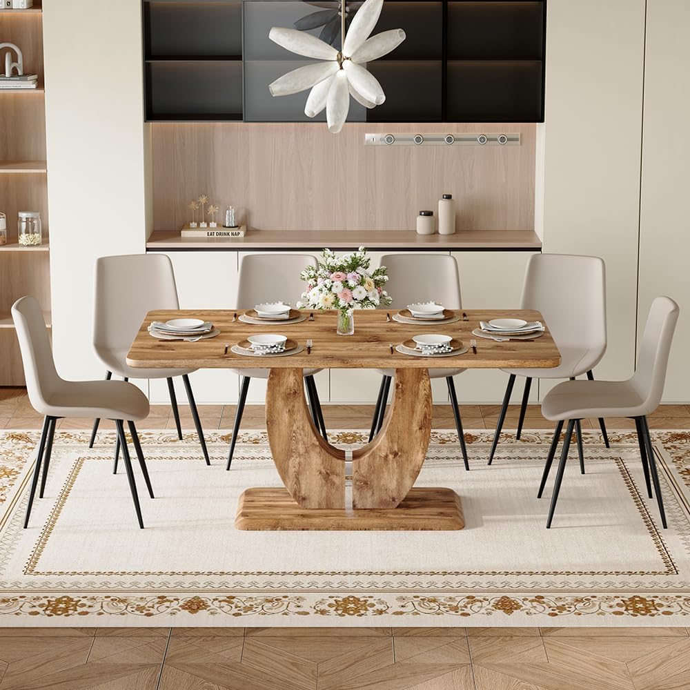 Modern Dining Table Set for 6, 63" Wood Kitchen Table with 6 PU Leather ...
