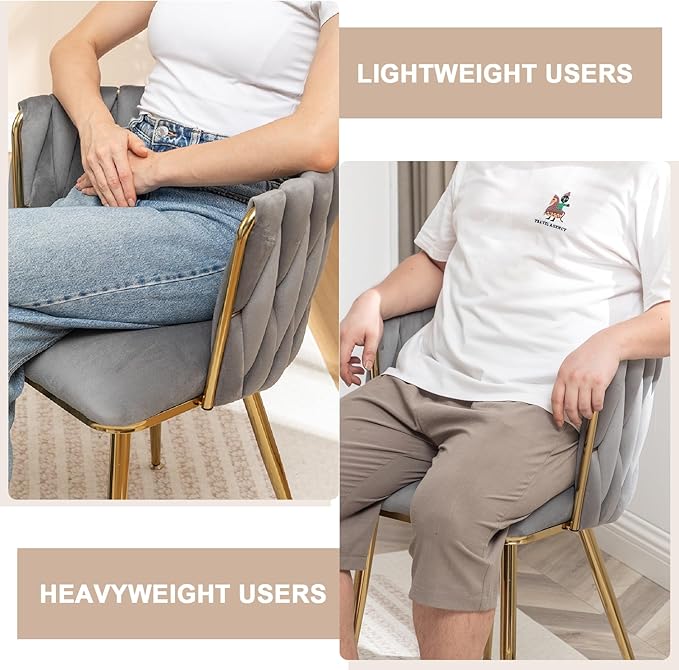Kiztir Velvet Dining Chairs Set of 6 Woven Dining Chairs with Gold Metal Legs Upholstered Modern Dining Room Chair for Living Room, Bedroom, Kitchen (Grey)