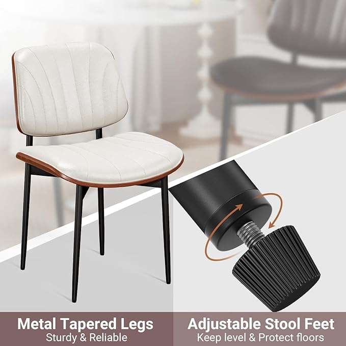 Dining Chairs Set of 6, Mid-Century Modern Upholstered PU Leather Chairs with Walnut Bentwood Back and Metal Legs Adjustable Feet for Kitchen Dining Room, Off-White Shell Strips
