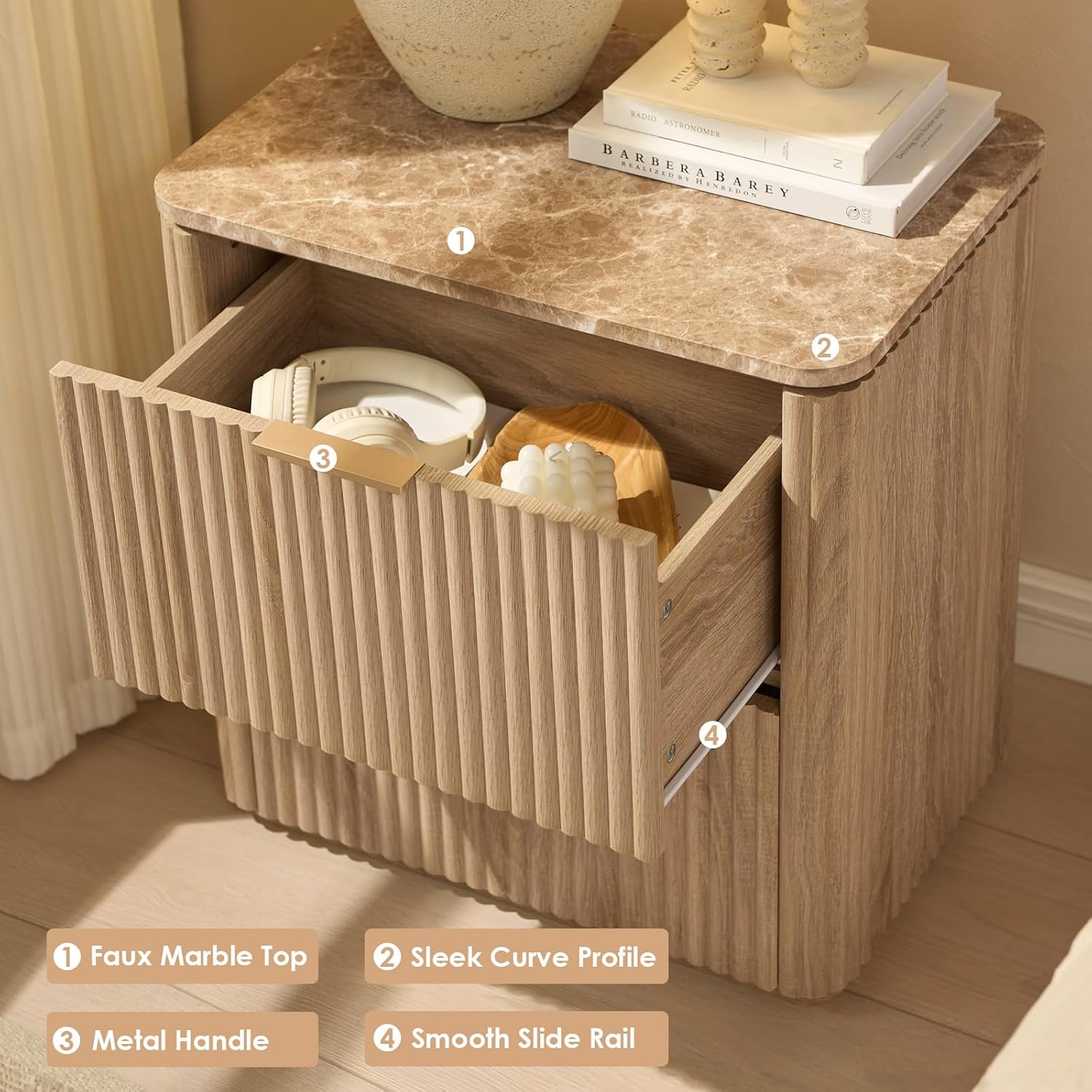Fluted Nightstand Set of 2, Bedside Table with 2 Drawers, Engineered Wood End Table with Faux Marble-Top, Curved Corners, Metal Handle, Modern Night Stand for Bedroom, Small Spaces, Natural Oak