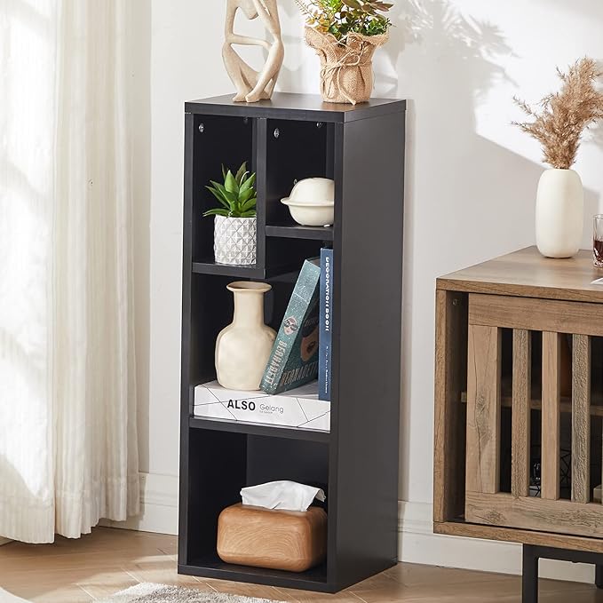 VECELO Small Bookshelf, 4 Cube Slim Bookcase, Fits Tallest Hardcovers, Horizontal Available, Modern Floor Standing Unit, Each Shelf Hold Up to 66 LBS, Matte Black