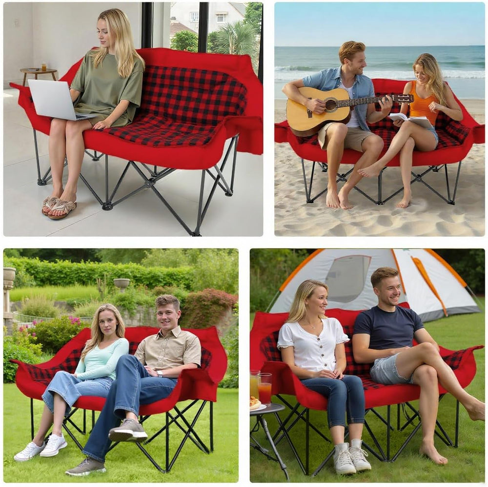 Heated Double Camping Chair, Padded Camping Couch with 3 Heat Levels and 4 He...