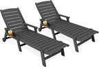 KINGYES HDPE Lounge Chair Outdoor Set of 2, All Weather Pool Lounger | 5 Position Adjustable Backrest Patio Chaise Lounge with Cup Holder for Outside, Gray