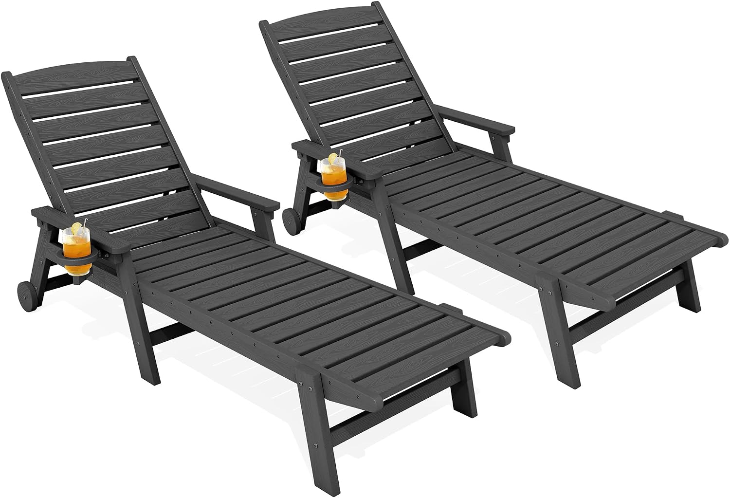 KINGYES HDPE Lounge Chair Outdoor Set of 2, All Weather Pool Lounger | 5 Position Adjustable Backrest Patio Chaise Lounge with Cup Holder for Outside, Gray