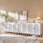 Modern TV Stands for 85 Inch TVs, 123.5‬"W Wood Entertainment Center w/Adjustable Shelves, Mid Century Modern TV Stand w/Arched Fluted Doors, Media Console Cabinet for Living Room, White