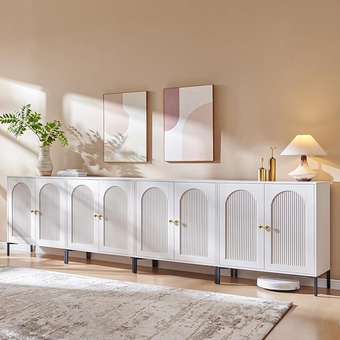 Modern TV Stands for 85 Inch TVs, 123.5‬"W Wood Entertainment Center w/Adjustable Shelves, Mid Century Modern TV Stand w/Arched Fluted Doors, Media Console Cabinet for Living Room, White