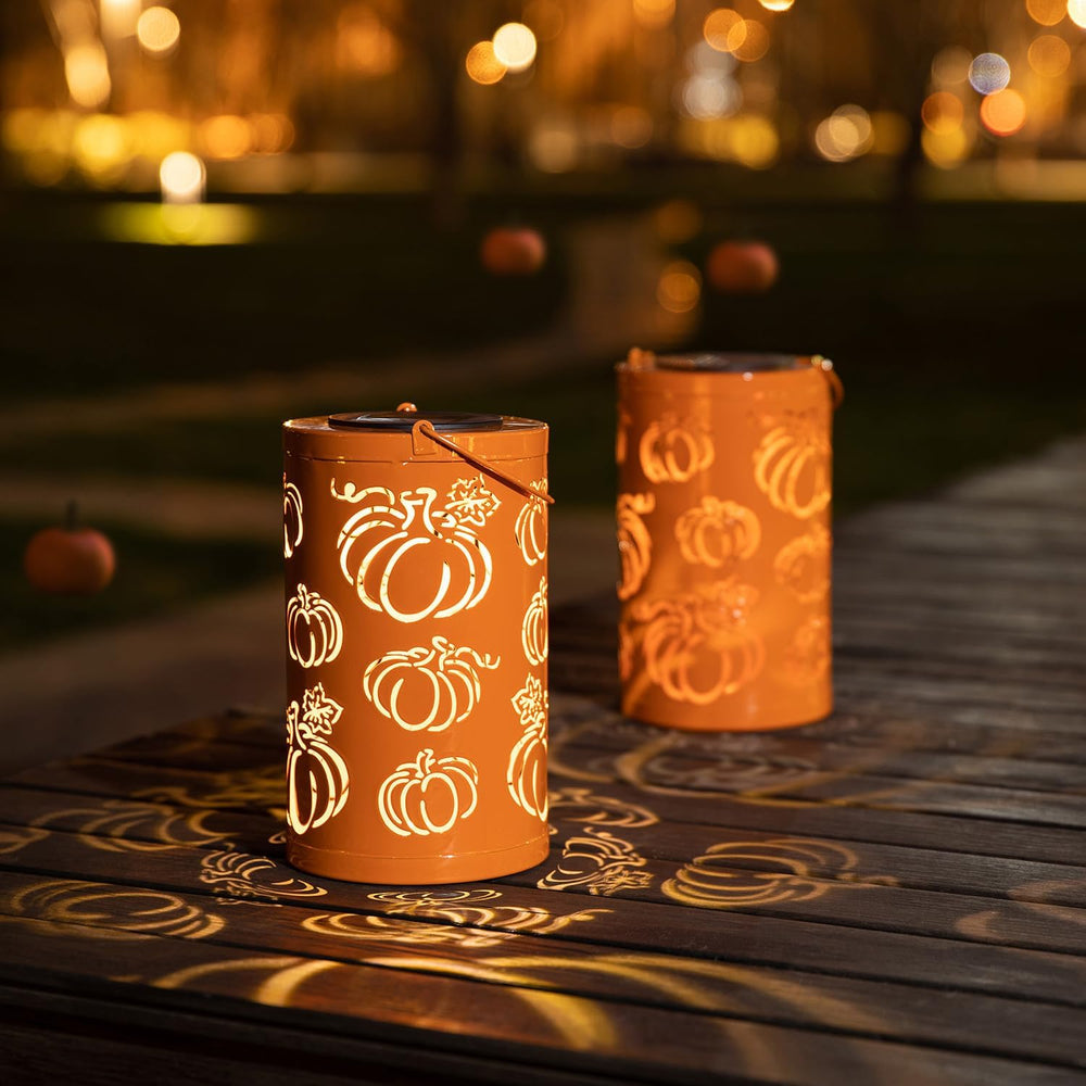 Glitzhome 10.75" H Fall Metal Pumpkin Lantern Decor Solar Powered LED La...