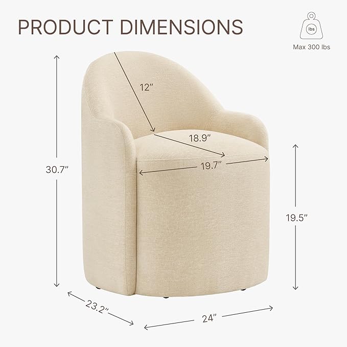 Upholstered Dining Chairs with Casters, No Assembly Modern Dining Room Chairs Accent Vanity Chair with 5 Wheels & Round Backrest for Bedroom, Living Room, Dressing, Sand Fabric, Set of 1