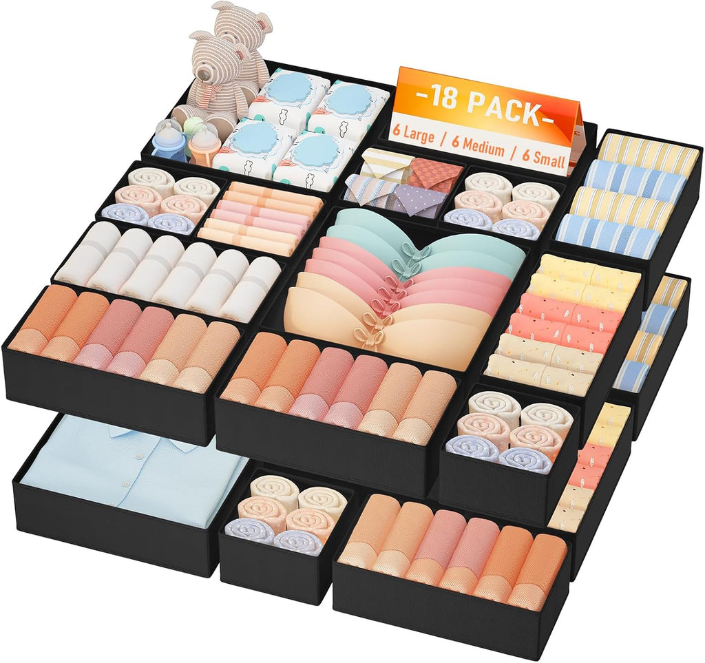 DIMJ Drawer Organizer Clothes Storage - 18 Pack Baby Dresser Organizer for Nursery, Foldable Closet Drawer Organizer Bins for Bedroom Organization, Fabric Storage Dividers for Socks, Underwears, Bras