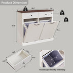 Modern Double Tilt-Out Laundry Hamper Cabinet, 20 Gallon Fluted Trash Can Cabinet w/2 Drawers, Wooden Hidden Garbage Can Cabinets with Laundry Basket, for Bathroom and Kitchen, Antique White