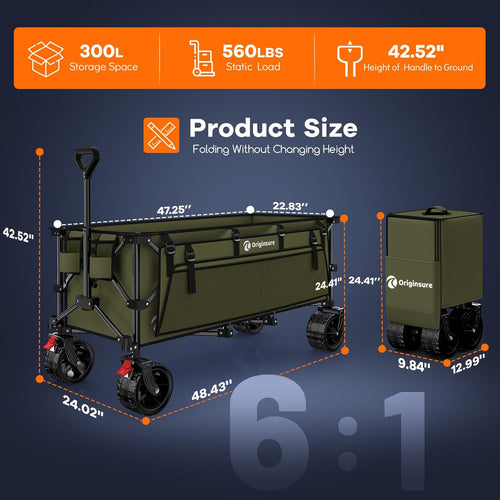 48" L Folding Beach Wagon Cart Foldable, 560lbs Weight Capacity 300L Heavy Duty Collapsible Wagons with Big All-Terrain Wheels, Utility Carts for Groceries, Shopping, Camping, Sports - Green