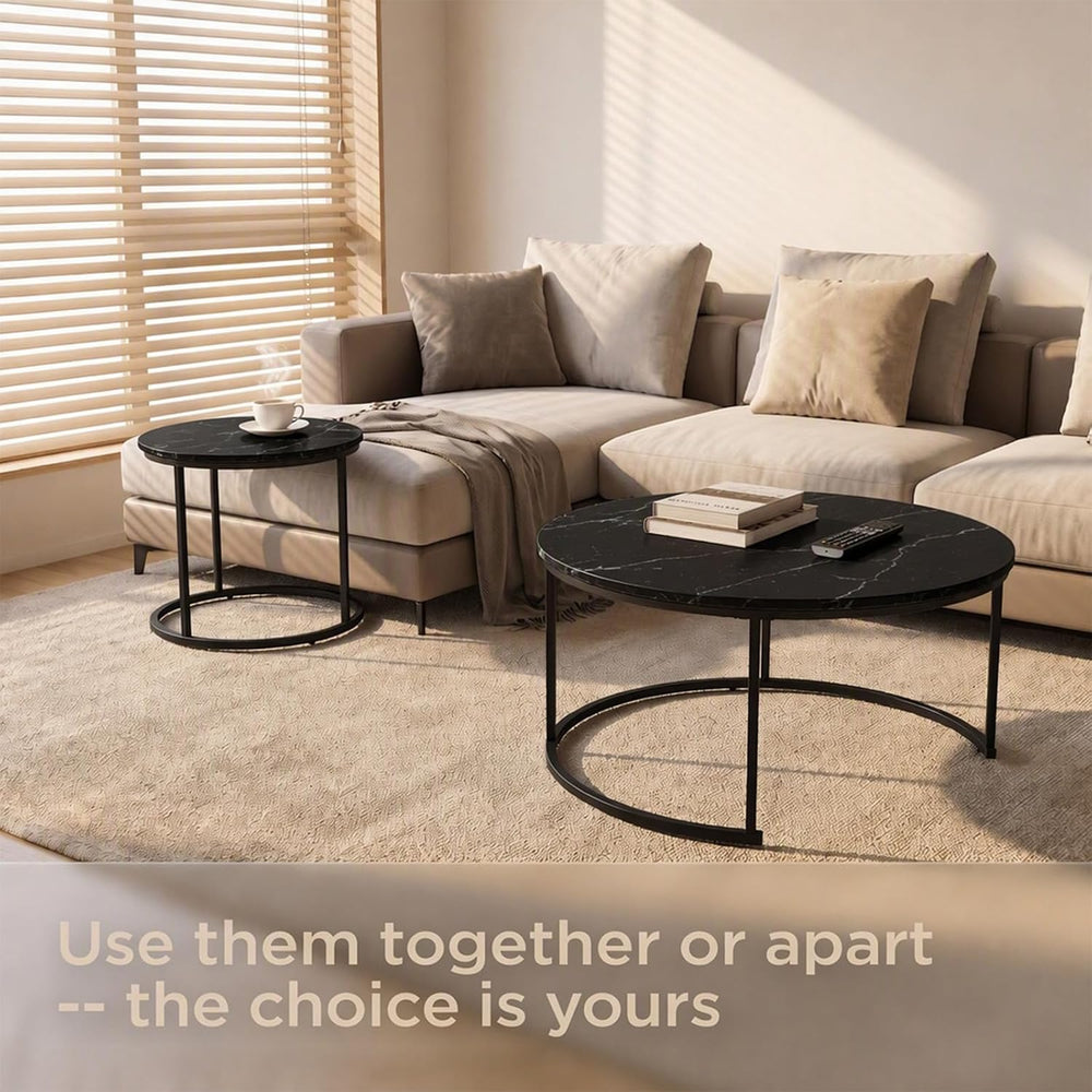 Nesting Coffee Table Set of 2 Round Side Tables, 27.6 Inch Marble Top Coffee ...