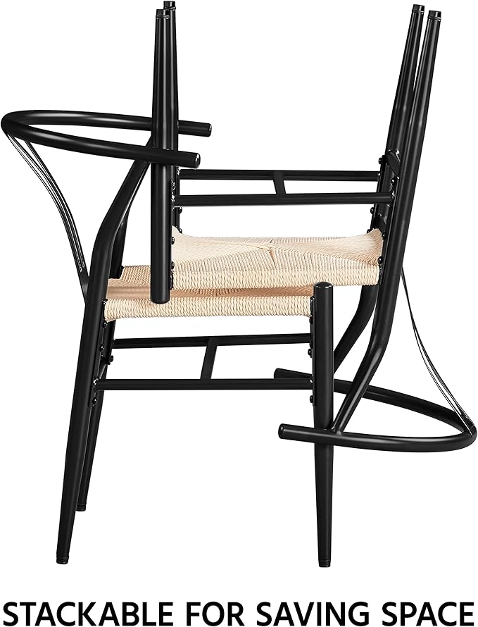 Yaheetech Weave Dining Chairs Set of 2 Mid-Century Modern Dining Room Chairs with Weave Hemp Seat and Metal Legs for Kitchen, Living Room, Restaurant, Black