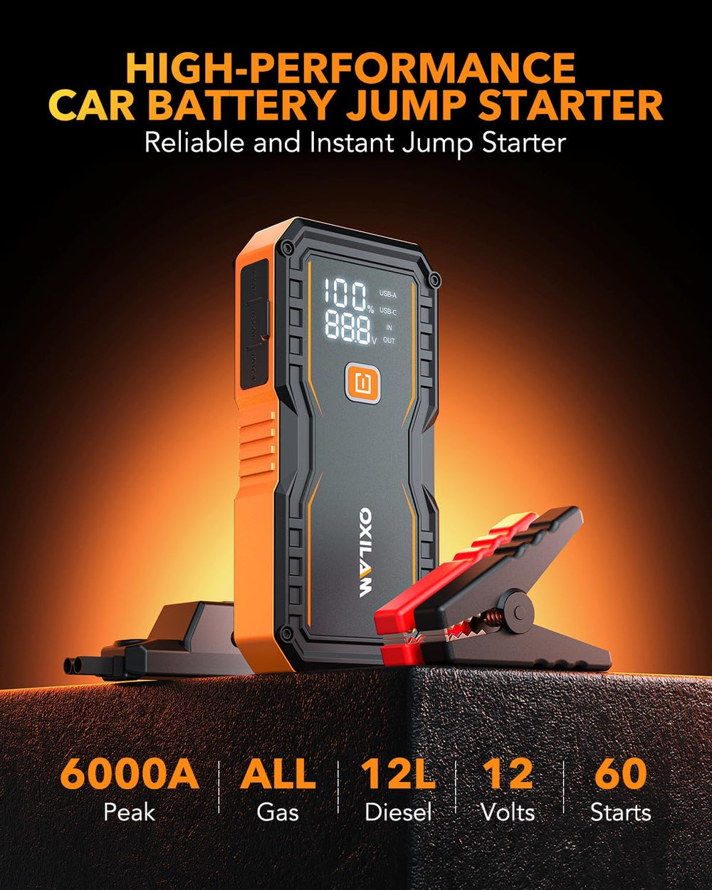 OXILAM Jump Starter 6000A for All Gas/12L Diesel, Car Battery Jumper Starter ...