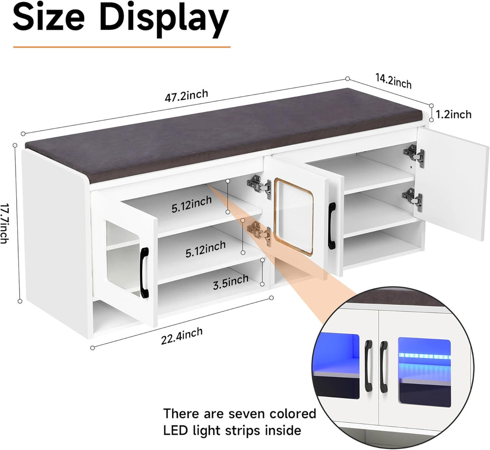 Shoe Bench with Thickened Cushion,Entrance Bench with Glass Door and Ambient ...