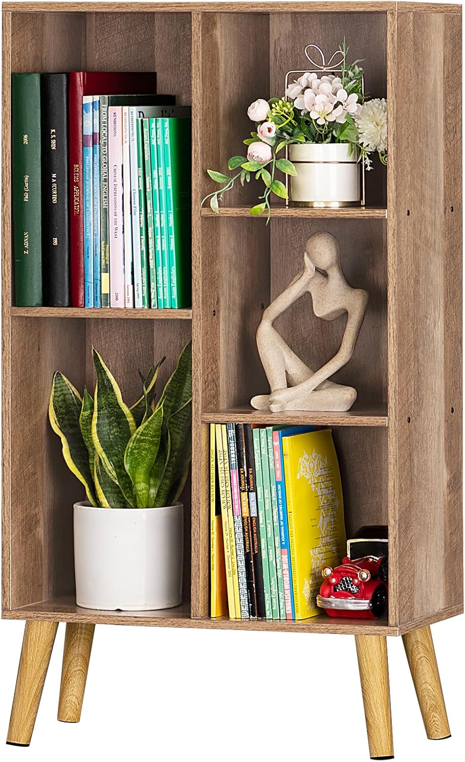 5 Cube Small Bookshelf,3 Tier Mid-Century Modern Bookcase with Legs,Wood Kids Bookshelves Storage Organizer Shelf,Free Standing Narrow Book Shelves,Oak Grey Corner Bookcases for Bedroom,Living Room