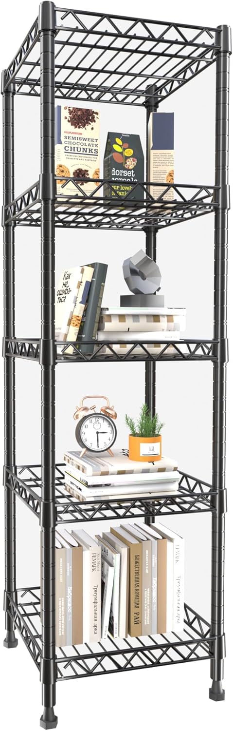 GIOTORENT 5 Tier Standing Shelving Metal Units, Adjustable Height Wire Shelf Display Rack for Laundry Bathroom Kitchen 11.8 W x 11.8 D x 50 H (5-Tier, Black)