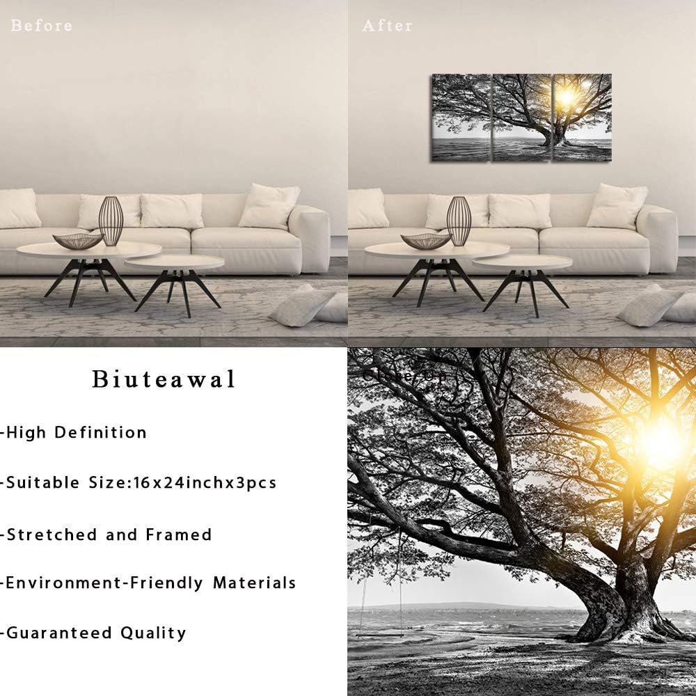 Biuteawal 3 Piece Wall Art Black White Tree at Warm Sunrise Landscape Picture...