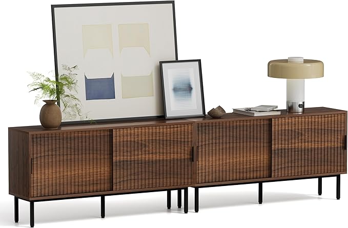 TV Stands Set of 2 for Living Room Farmhouse Entertainment Center with Fluted Sliding Doors TV Console Cabinet with Adjustable Shelf and Storagefor 65, 70, 75 Inch TV, Brown