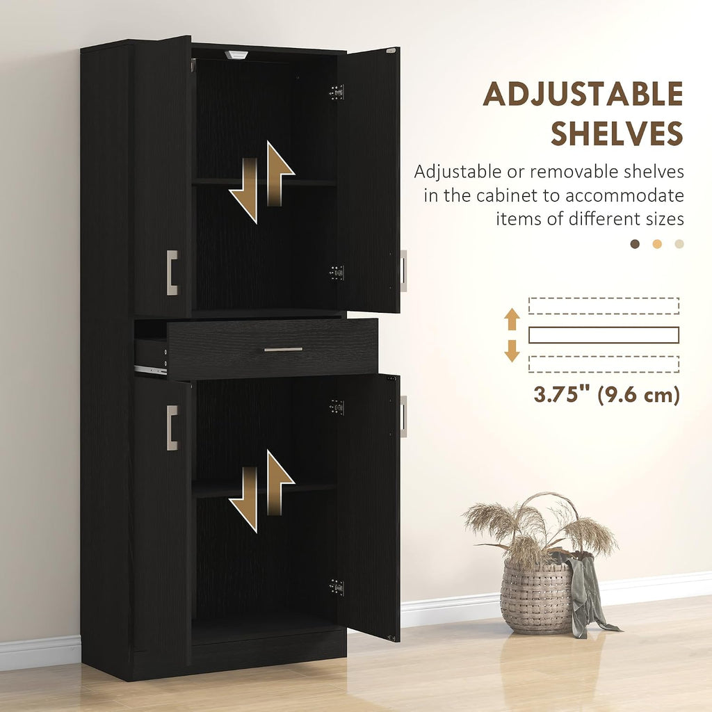 71" Kitchen Pantry, Freestanding Storage Cabinet with Drawer and Adjustable Shelf, 2 Double Door Cupboards, Black, Easy to Maintain, for Dining Room