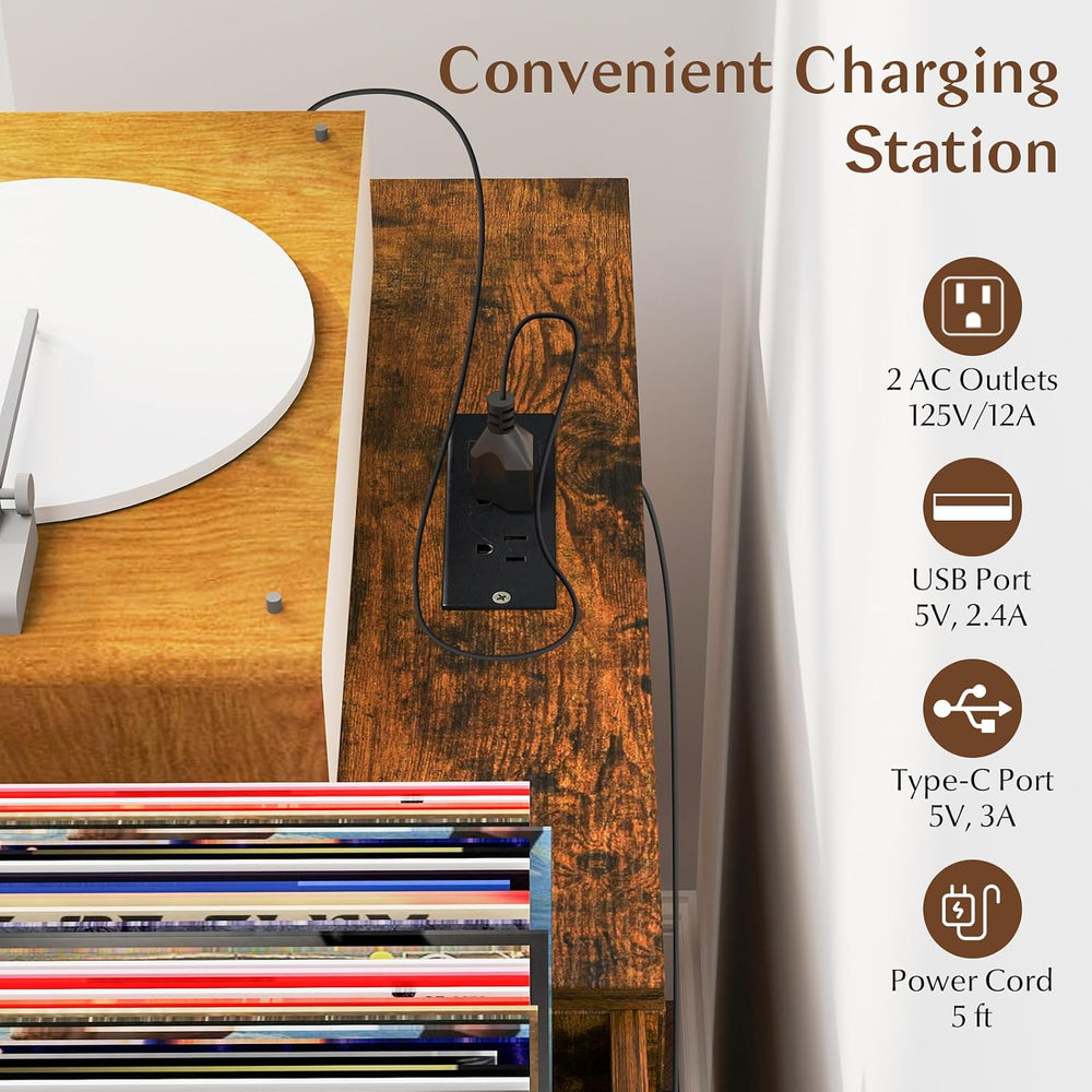 LOKO Record Player Stand with Charging Station, Vinyl Record Holder with Remo...
