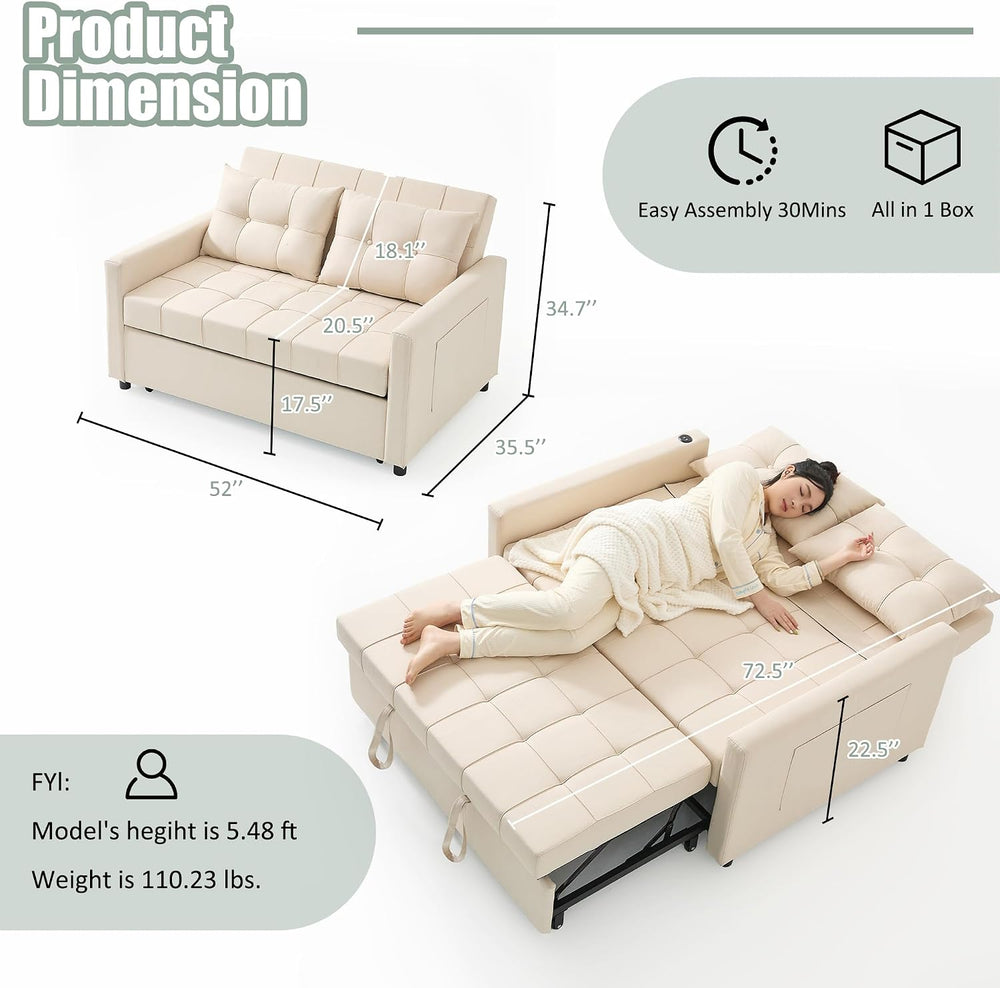 GOSUHI 52" 3-in-1 Convertible Sleeper Sofa Bed, Linen, Beige | Pull-Out ...