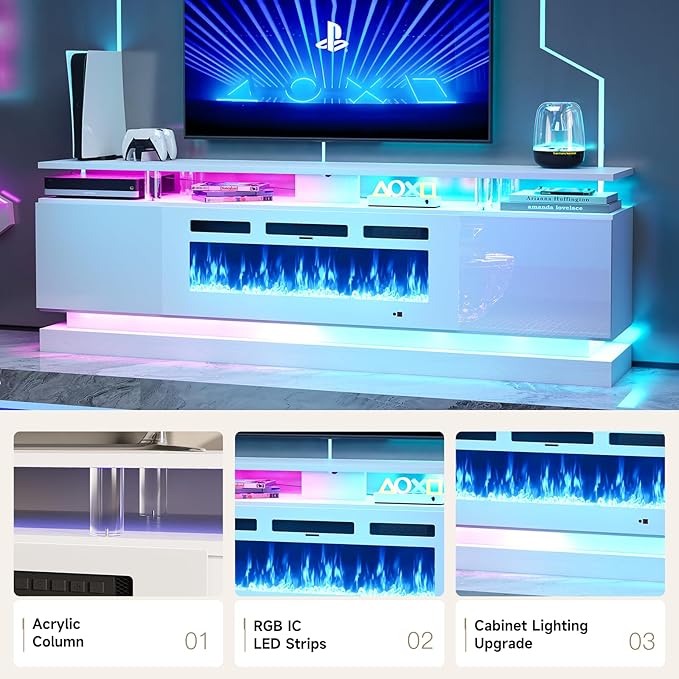 70" Fireplace TV Stand, Modern Entertainment Center for TVs Up to 80”, TV Console with Storage Cabinets, Media Console for Living Room, White TV Stand and White Fireplace