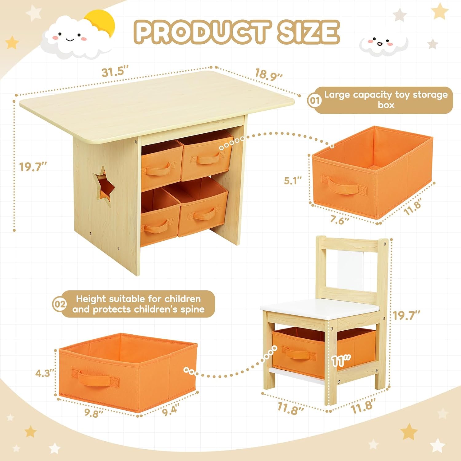 Kids Table and Chair Set: Sturdy with 2 Chairs & 6 Storage Drawers | Wooden Children Activity Desk Group for Drawing Reading Playing - Water Resistant and Easy Clean Furniture Set for Playroom