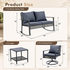 GDY 4-Piece Outdoor Patio Furniture Set, Includes 1-Woven Rattan Rocking Chair, 1-Table, & 2-Swivel Chairs, with Extra-Thick Cushions, for Gardens, Porches, Poolside, or Patio Lounge Spaces, Grey