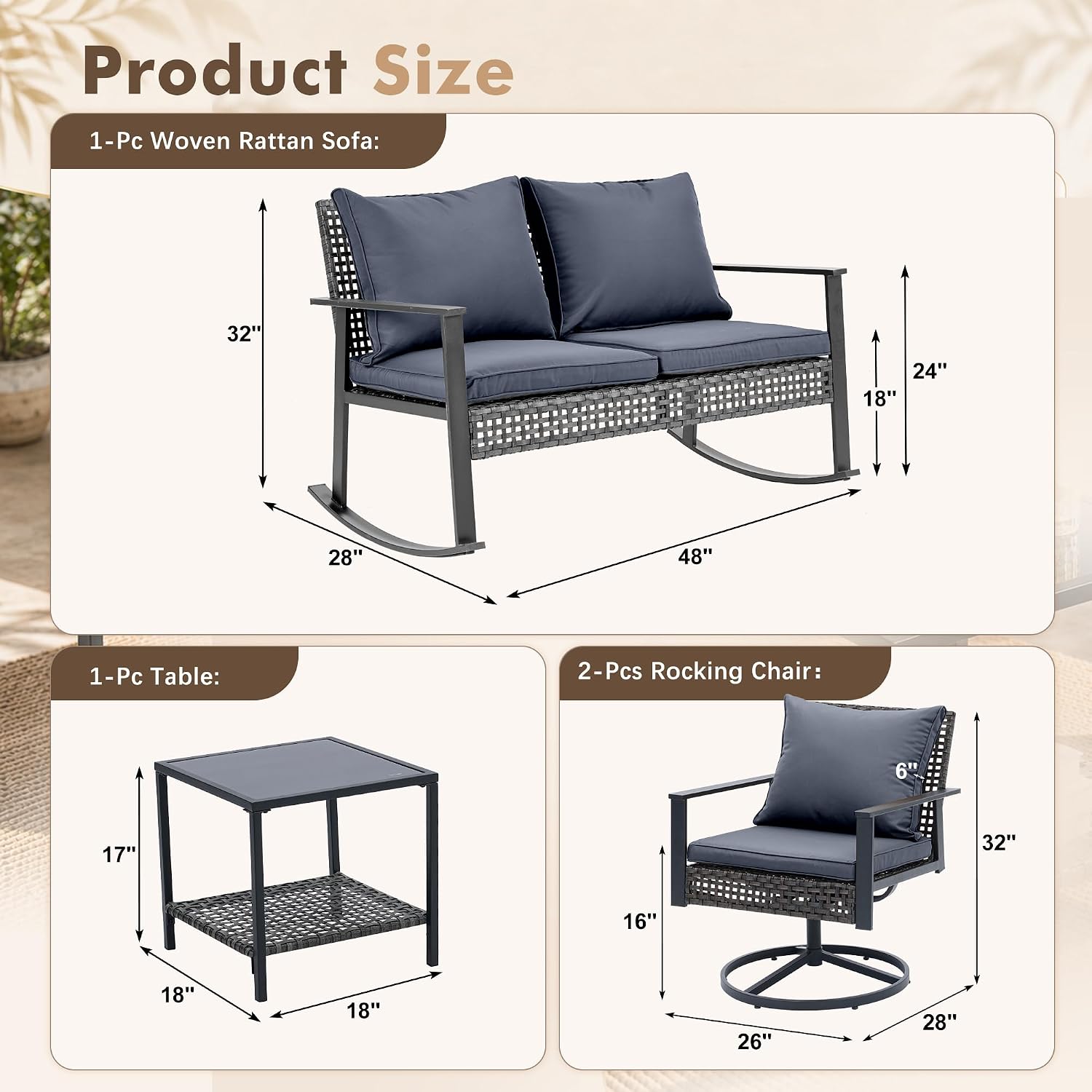 GDY 4-Piece Outdoor Patio Furniture Set, Includes 1-Woven Rattan Rocking Chair, 1-Table, & 2-Swivel Chairs, with Extra-Thick Cushions, for Gardens, Porches, Poolside, or Patio Lounge Spaces, Grey